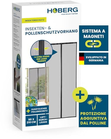 HOBERG Cortina antiinsectos y antipolen | Mosquitera para puerta con bandas magnéticas XXL | Mosquitera para puerta de balcón | Mosquitera antipolen - también ideal como mosquitera | 90 x 210 cm
