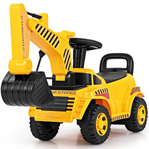 GYMAX Kids Ride on Excavator, Toddlers Push Along Car with Adjustable Bucket, Engine Sound and Underneath Storage, Children Construction Truck for 19-36 Months Old Boys Girls (Digger)