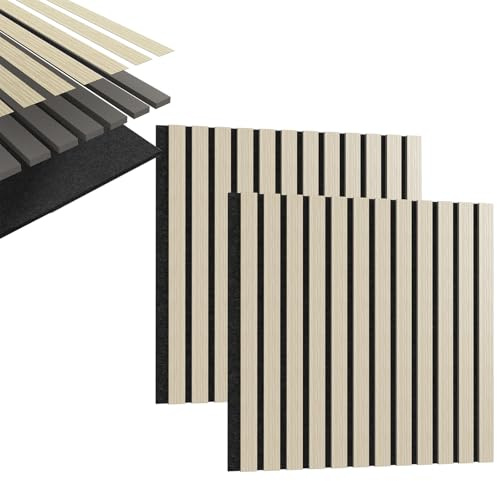 YUENFONG Akustikpaneele Echtholz 60x60cm, 2er Set Lamellenwand Wandpaneele Wandverkleidung Holzpaneele aus MDF Polyvinylfaser, Akustikplatten Moderne Wandpaneel, Weiß
