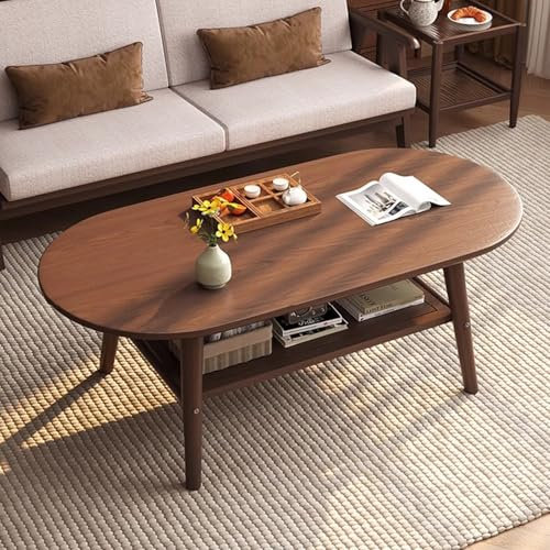 Table basse en bois de chêne massif avec étagère de rangement ouverte, table centrale à 2 niveaux pour salon, finition noyer moderne, assemblage facile, 119,4 x 60 x 45 cm (l x L x H)