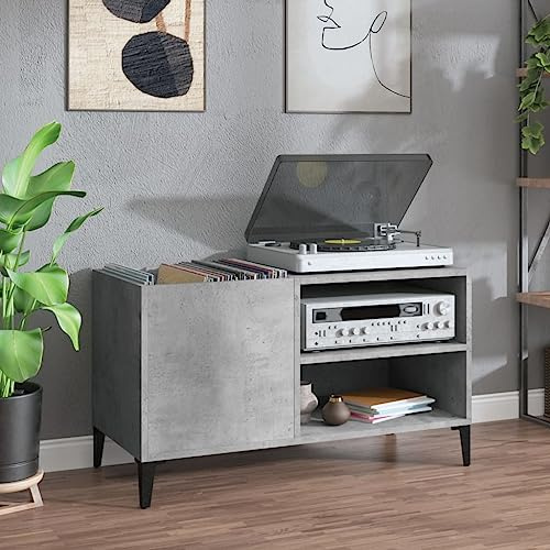 qohoio Armoire à disques Gris béton 84,5x38x48 cm Bois d'ingénierie Porte Vinyle,Meuble Platine Vinyle,Rangement Vinyle
