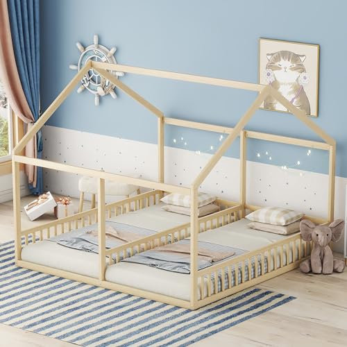 Huayz Bodenbett 180x200 cm, 2 Kinder mit rausfallschutz, 90x200 cm Einzelbetten 2-in-1, Hausbett Holz Geschwister Bett, Kinderbett Bodentief (Natur)