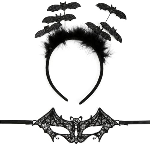 Meleager Fledermaus Haarreif und Augenmaske für Damen, Fledermaus Ohren, Maske aus Spitze, Fledermaus Kostüm Zubehör für Halloween, Karneval, Kostümfeste