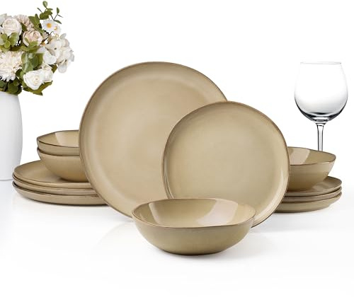 HaWare Dinnerware Sets, 12-Piece Stoneware Plates and Bowls Set, Dish Set for 4, Ceramic Dishware for Home Restaurant, Chip and Scratch Resistant, Microwave and Dishwasher Safe, Reactive Sandy Khaki