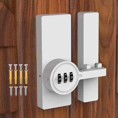 MeBantoo 180 Degree Adhesive Barn Door Latch, Cabinet Locks with Combination, Keyless Sliding Flip Latch Door Lock with Glue and Screws for Barn, Closet, Shed, Storage (White-1pc)
