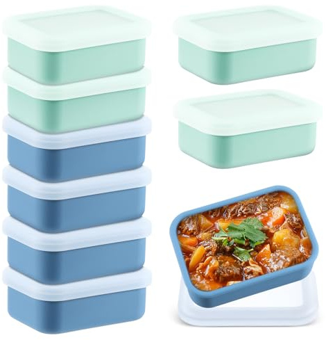 Lemecima 8 Pcs 1 Cup Silicone Freezer Trays with Lid - Rectangle Soup Freezer Containers - Reusable Food Preserving Tray - Freezing Ice Trays for Soups Sauces Stews (Sage Green, Dark Blue)