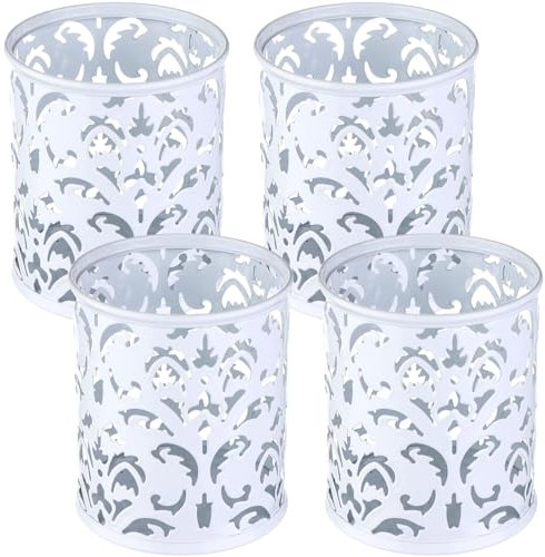 4 Pcs Metal Pen Holder Hollow Pen Pots for Desk Round Pencil Holder Mesh Pencil Storage Cup Makeup Brushes Organisers Desk Tidy Pencils Pots for Storing Office Stationary Scissors Diameter 85 mm White