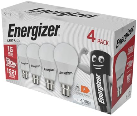 Energizer 100W LED Bayonet Light Bulbs B22/BC – 100 Watt Equivalent, 14W Energy-Saving, 1521 Lumens, 4000K Cool White, Pack of 4