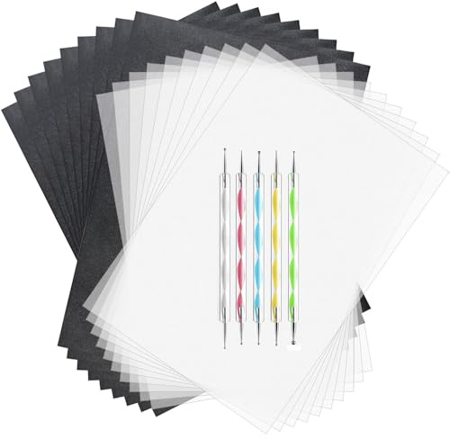 Yesallwas 150 Blatt Kohlepapier und Transparentpapier, A4 schwarzes Carbon-Transferpapier für Holz Papier Segeltuch Glas Keramik und Andere Oberflächen mit 5 Stück Embossing-Stiften
