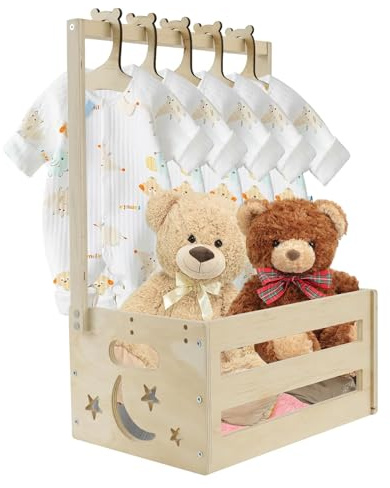 Yeqqzq Wooden Baby Shower Crate Closet with 5 Hangers, Baby Basket Babys Clothes, Rail Baby Hamper, Decorative Basket Storage Crate, Personalized Babys Gifts for Newborn Boy Girl New Parent