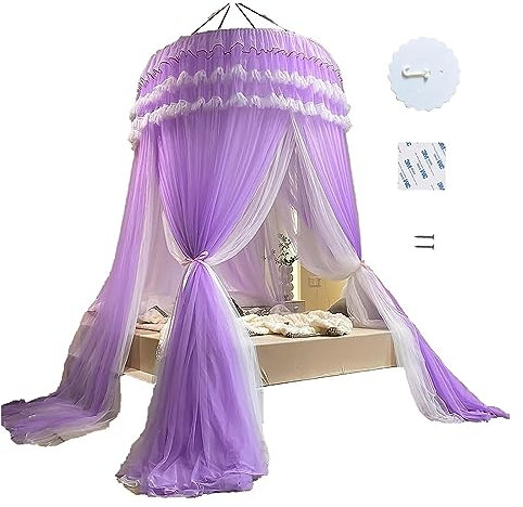 BCATTAW Himmelbett-Vorhänge, Moskitonetz, Betthimmel, Hängevorhang, Netz für Kinderbetten, für Erwachsene, doppellagig, Prinzessinnen-Design, rund, Kuppel-Himmelbettvorhang (Farbe: Lila)