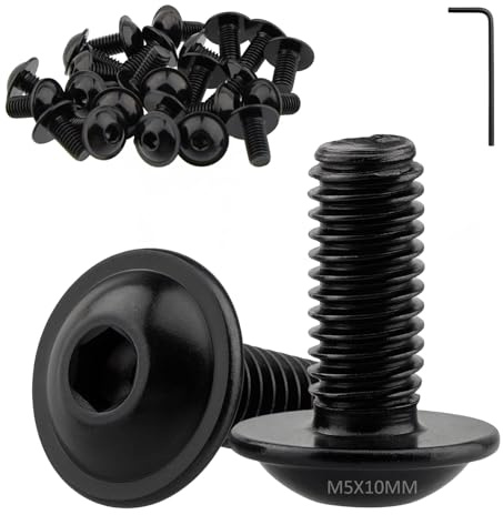 Lot de 25 vis M5 noires à tête plate M5 x 10 mm, vis à tête bombée en acier inoxydable ISO 7380-2 avec clé à six pans creux, vis A2 V2A, filetage complet