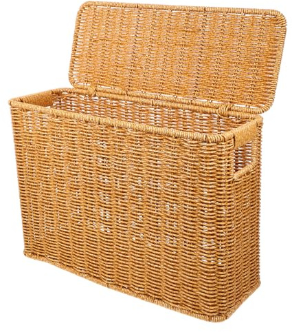 GLEAVI Narrow Plastic Rattan Bin with Lid, Woven Basket Storage for Magazines and Vegetables, Rectangular Portable Shelf Basket for Desktop Decoration, Rustic Home Organiser