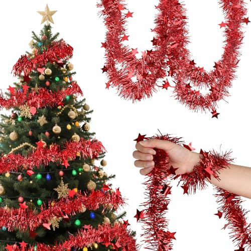 20M Lametta Weihnachtsbaum Girlande Weihnachten, Weihnachtsbaum Lametta Girlande mit Sternen, Weihnachtsgirlande für Weihnachtsbaum Deko, Weihnachtsbaumgirlanden, Party deko (Rot)