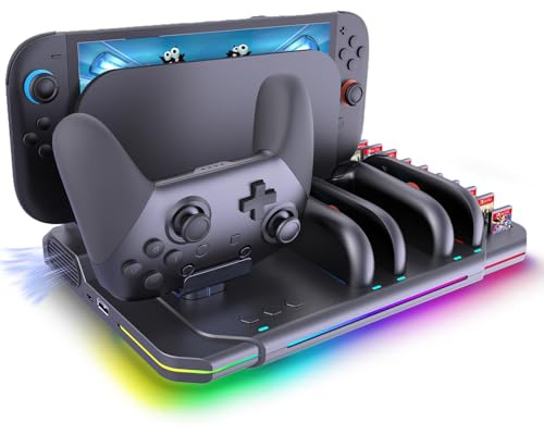 Magnetic Switch 2 Charging Statio, Switch 2 Stand with 4 Controllers Charging Station Dock, Fan, 9 RGB Modes, 10 Card Slots, Controller Holder