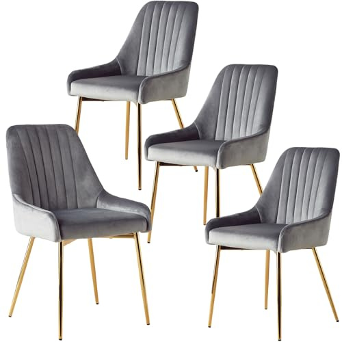 Fiximaster Esszimmerstühle 4er Set, Samt Polsterstühle mit Rückenlehne, Küchenstühle mit goldenen Beinen, Ergonomische Stühle für Esszimmer, Wohnzimmer und Schlafzimmer (Grau)