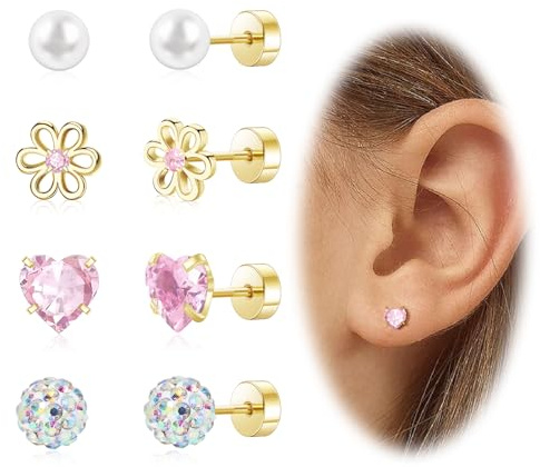 Kinder Ohrringe Mädchen Set Hypoallergen Ohrringe Gold Silber Medizinische Chirurgenstahl Ohrringe Damen Kleine Flatback Ohrstecker Niedlich Blumen Herz Perle Verschraubte Ohrstecker