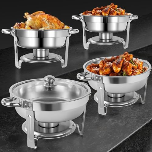 EVGTTI Chafing Dish Set 4 PACK Round Food Warmer Buffet Server With Glass Lid, 6L Chafers For Weddings Parties Catering Silver
