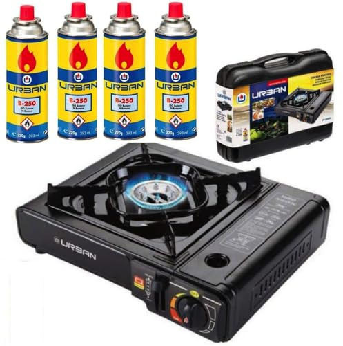 Dacada2005 Hornillo de Gas Portátil B-250 con Maletín y 4 Cartuchos de Gas Butano de Recambio para Camping, Cocina y Exterior