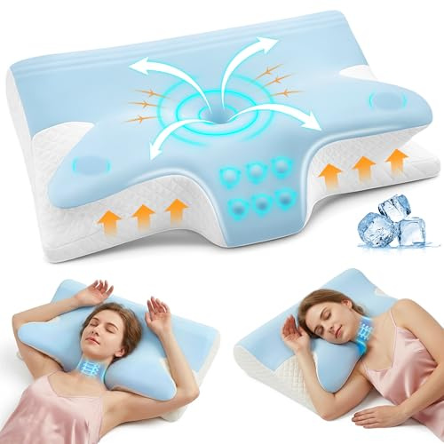 Rokehr Almohada Cervicales y Cuello 2 en 1, Almohada Ergonómica, Almohada Antironquidos, Ortopedica Cervical para Soporte de Hombro/Cuello/Cabeza de Lado, Espalda y Estómago 60x43x14/12cm Azul