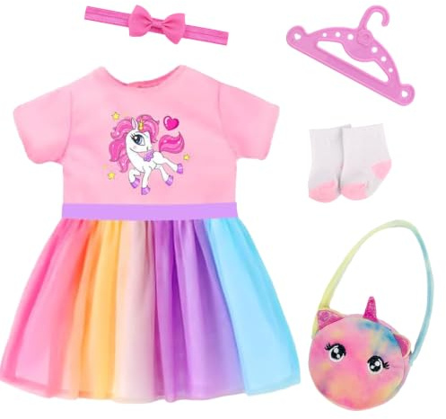 4 Stück Puppenkleidung für 35-43 cm Newborn Baby Puppen, Regenbogenfarbenes Tüllkleid mit Pony-Print, Stirnband, Tasche, Socken, Kleiderbügel für 14-17 Zoll Babypuppen Kinder