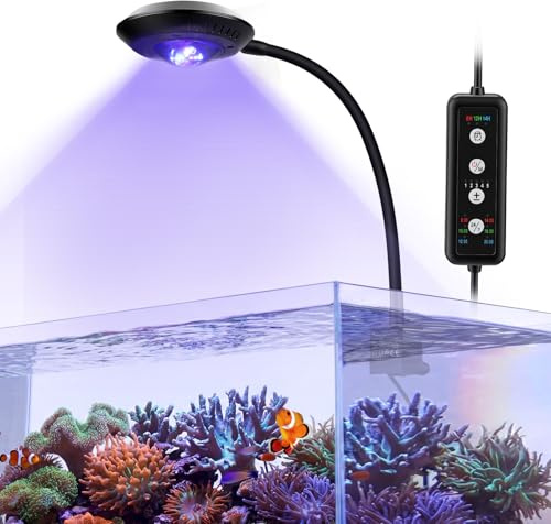 hygger Meerwasser Aquarium Beleuchtung, Clip On Meerwasser Led Beleuchtung 35W, 4 Modi, 3 Timer, um 360° verstellbarem Schwanenhals, Vollspektrum-Aquarienleuchte für Reef Coral SPS/LPS Fischaquarium