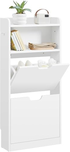 Yaheetech Schuhablage mit 2 Flip-Schubladen, Schuhkipper Schuhregal Offenes Fach, Erhöhter Rand, Haken, Hängender Schuhschrank Schmal 108 cm H, Weiß
