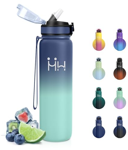 Botella Termica 1 Litro, Botella Agua Acero Inoxidable con Pajita, a Prueba de Fugas, Fácil de Abrir, Doble Pared al Vacío, Cantimplora Reutilizable para Escuela, Gimnasio, Uso Adulto,