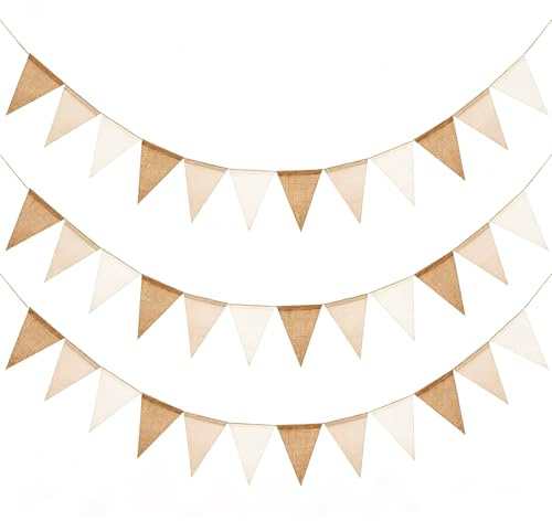 3PCS 12M Fanion en Toile de Jute Brun et Beige - Guirlande Anniversaire résistante aux intempéries avec 36 Triangles pour décoration Mariage, Banderole Anniversaire, fête et fanions guinguette