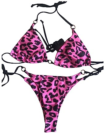 Bikini dam baddräkt dam, sport bikini dam utan bygel leopard justerbara remmar triangulära tvådelade band, Rosa, XL