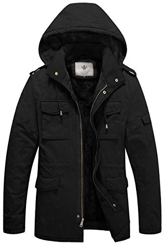 WenVen Men's Heavy Military Sherpa Lined Hooded Parka Jacket Winter Coat Black M