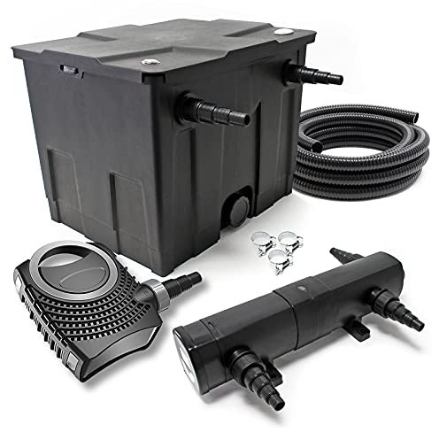 SunSun Komplettset: CBF-350 Teichfilter bis 12000 L Teichfilteranlage Durchlauffilter, NEO10000 Teichpumpe 10000l/h 80W, CUV-224 Teichklärer 24W, 10m Teichschlauch 38 mm, Schlauchschellen W1 44-47mm
