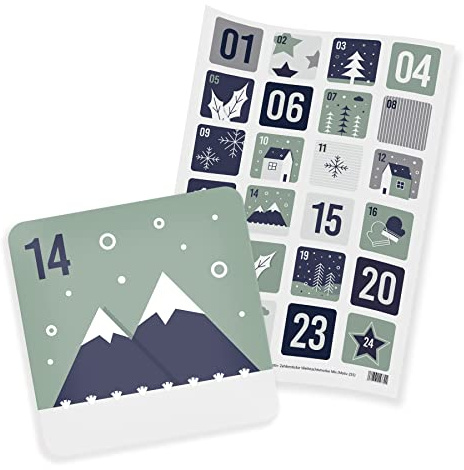 itenga 24x Adventskalenderzahlen Sticker Aufkleber 1 bis 24 blau grün mit Weihnachtsmotiven eckig nordic