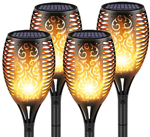 Wilktop Solarleuchte Garten Fackeln 4 Stück Solar Garten Licht,Solar Gartenleuchte Solarlampe mit IP65 Wasserdichte,Solarleuchte Flamme Warmlicht 96 LED Licht Sensor