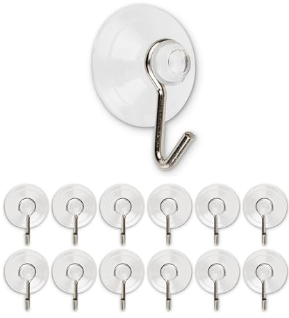 12 x Crochets à ventouses, Diamètre Ø 20 mm, Transparents, Avec crochet métallique pour salle de bain, cuisine, carrelage mural, verre, miroir, Usage universel, Sans perçage ni collage, 12 x Ventouse