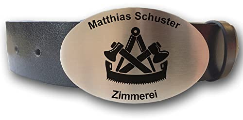 elbedruck Ledergürtel mit ovaler Gürtelschnalle Zunftzeichen Zimmerer und Wunschgravur personalisiert Dein Text Name Firmenname Zimmermann Geschenk