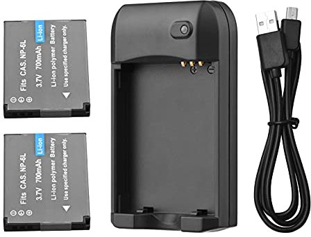 YANGZY NP-6L Battery Charger with LED Indicator Light + 2pcs NP-6L Batteries 3.7V 700mAh with USB Charging Cable
