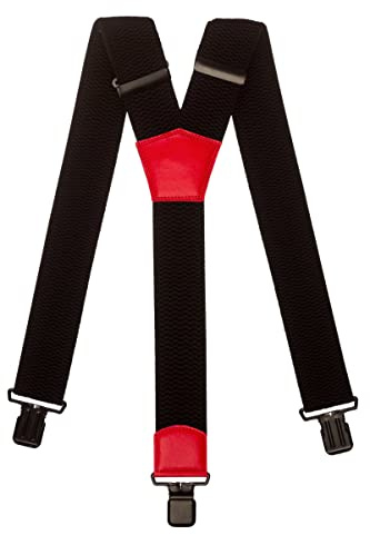 Olata Extra breda Y-hängslen för män i svart med färgat läder - 5 cm, Röd (svarta klämmor), one size