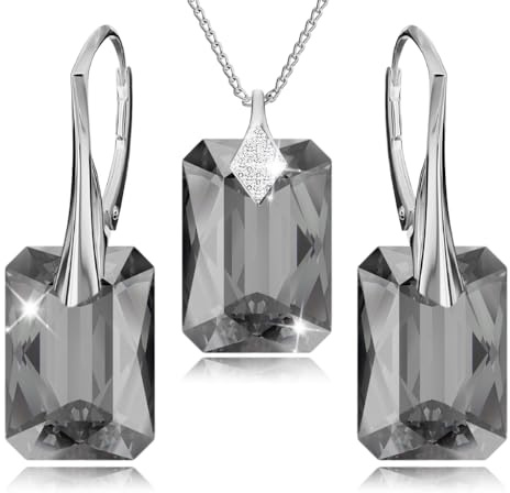 PANDA LUXURY JEWELLERY Schmuckset für Damen Ohrringe Silber 925 Hängend Ohrhänger mit Halskette Rechteckig Kristallen Stein 12 Geburtsstein Kette Damen mit Anhänger Schmuck Mädchen