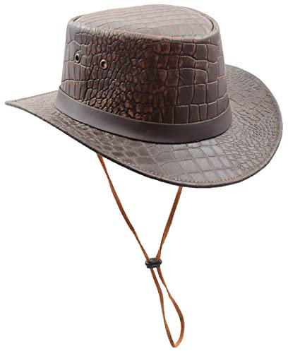Cowboyhut aus echtem Leder mit abnehmbarem Kinnriemen, Krokodilmuster, Aussie Autralian Bush Style, HL002, Braun, Braun, large