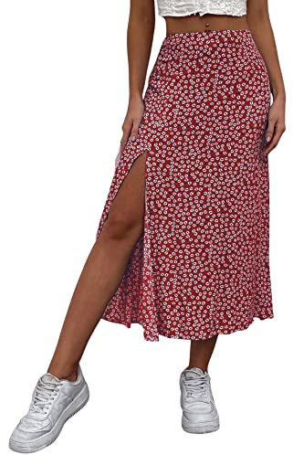 GORGLITTER Jupe d'été Longue Florale avec Fente - Trapèze, Taille Haute pour Femme