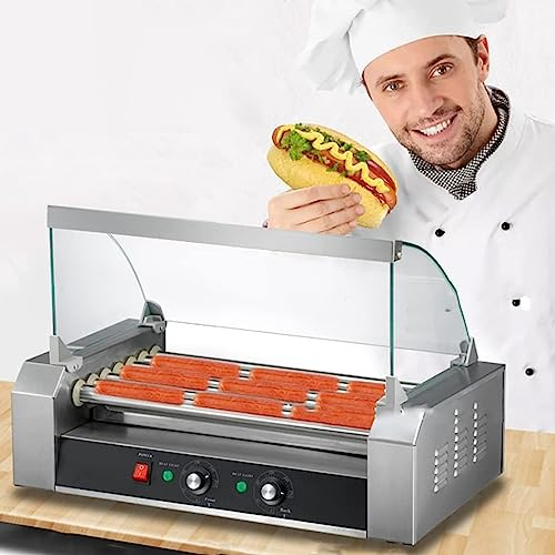 Maquina Perritos Calientes Parrilla Comercial De Rodillos For Perros Calientes De 1400 W Con 7 Rodillos, Máquina Eléctrica For Cocinar A La Parrilla, Rodillo Calentador De Acero Inoxidable Con Cubiert