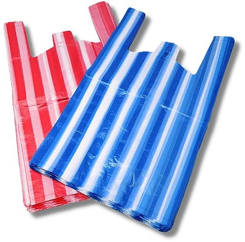 100 Blue & 100 Red AMD Nexus Large (11 X 17 X 21) Candy Stripe Plastic Vest Carrier Shopping Bags