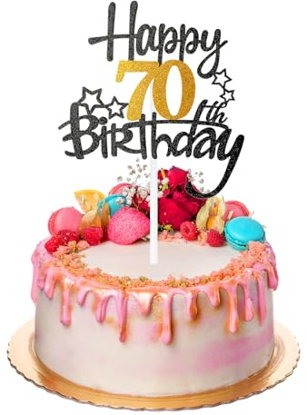 1 Stück Happy 70th Birthday Kuchen Topper,Tortendeko 70 Geburtstag,Tortendeko Schwarz Gold 70th,Glitzer Prost auf 70 Jahre Geburtstag Kuchen Deko,70 Jahre Cupcake Toppers,für 70 Geburtstag Party