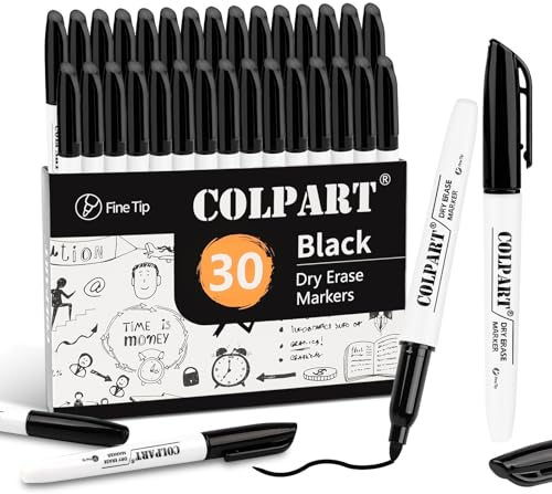 colpart 30Stück Whiteboard Marker Schwarz Folienstift Abwischbare Schwarze Whiteboard-Stifte mit Feiner Spitze für Schule, Büro & Zuhause…
