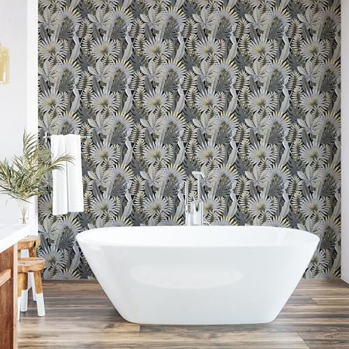 ABAKUHAUS Tropical Papier peint autocollant pour la maison, Jungle Exotique Botanique, Accent de salon et de cuisine auto-adhésif, 33 cm x 180 cm, Gris pale Moutarde
