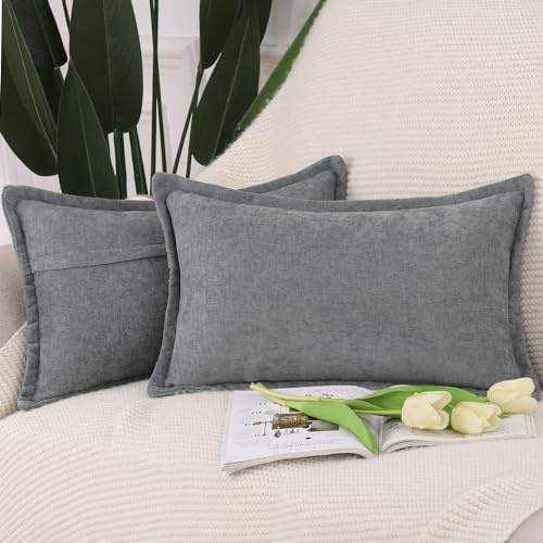 Madizz 2er Set Fransen Chenille Schlicht Zierkissenbezüge Modern Kissenbezug Kissenhülle Sofakissen Lendenkissen für Sofa Schlafzimmer Dunkelgrau 40x80 cm