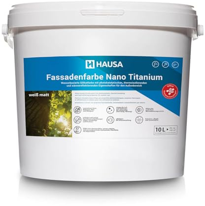 HAUSA Fassadenfarbe Nano Titanium 10L weiß matt Wandfarbe für Außen mit Abperleffekt, extrem wetterbeständig, energiesparend thermoisolierend, reinigt die Luft (Anti-Smog Wirkung) algenresistent