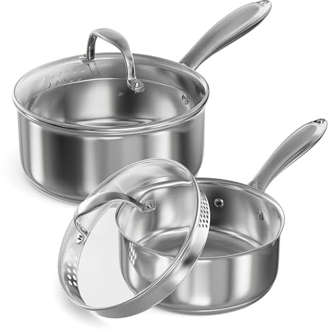 Stainless Steel Saucepan Set with Strainer Glass Lid, 1-Quart and 2-Quart Tri-Ply Capsule Bottom Sauce Pan/Pot, Two Pour Spout, Dishwasher and Oven Safe