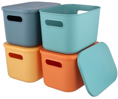 MAKTSAM 4 contenedores de almacenamiento coloridos con tapas, contenedores de almacenamiento apilables de colores para estantes, armarios, dormitorios, oficinas
